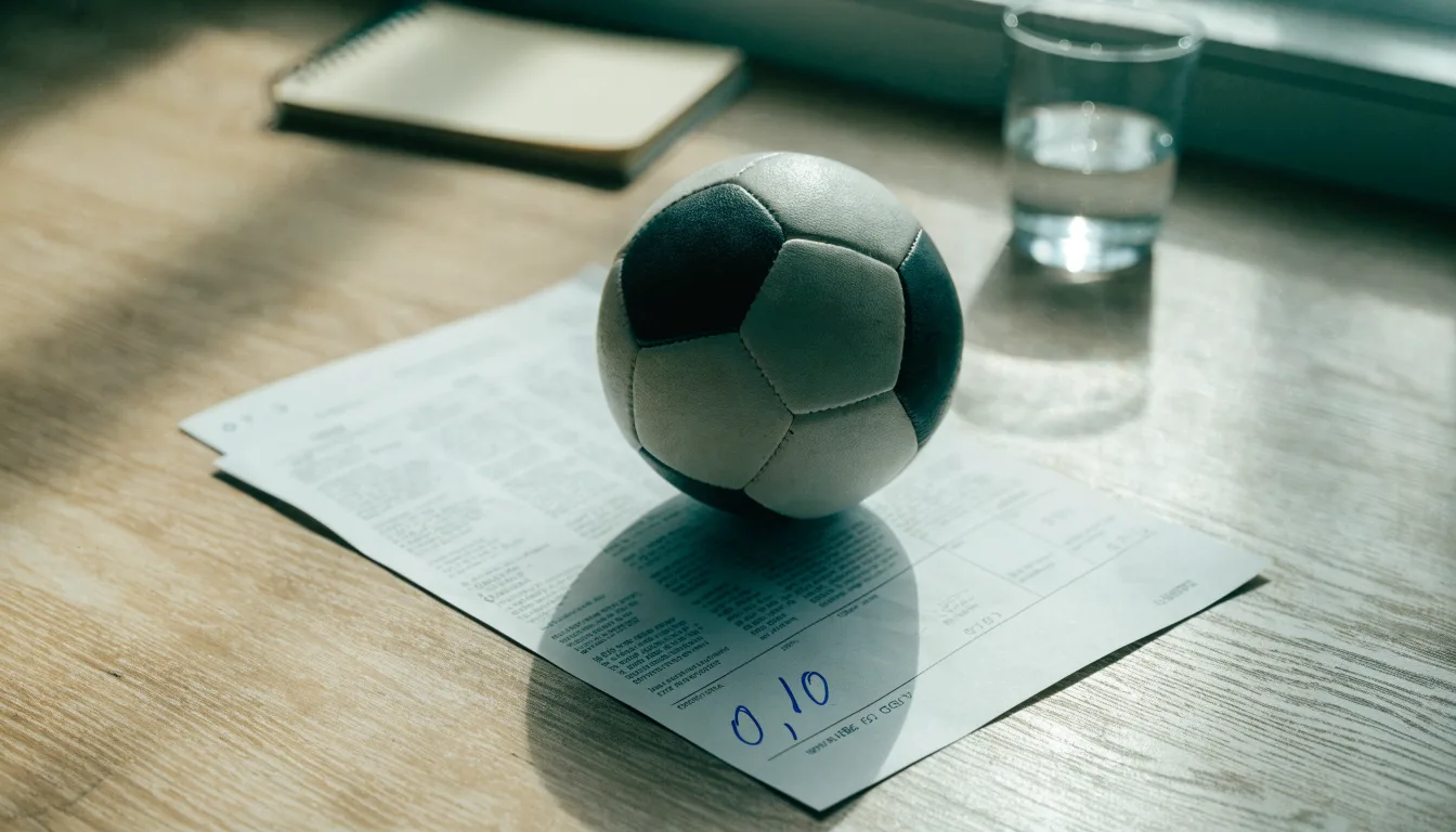 Uma bola de futebol pousada sobre um talão de apostas em branco numa mesa de madeira, à luz do dia