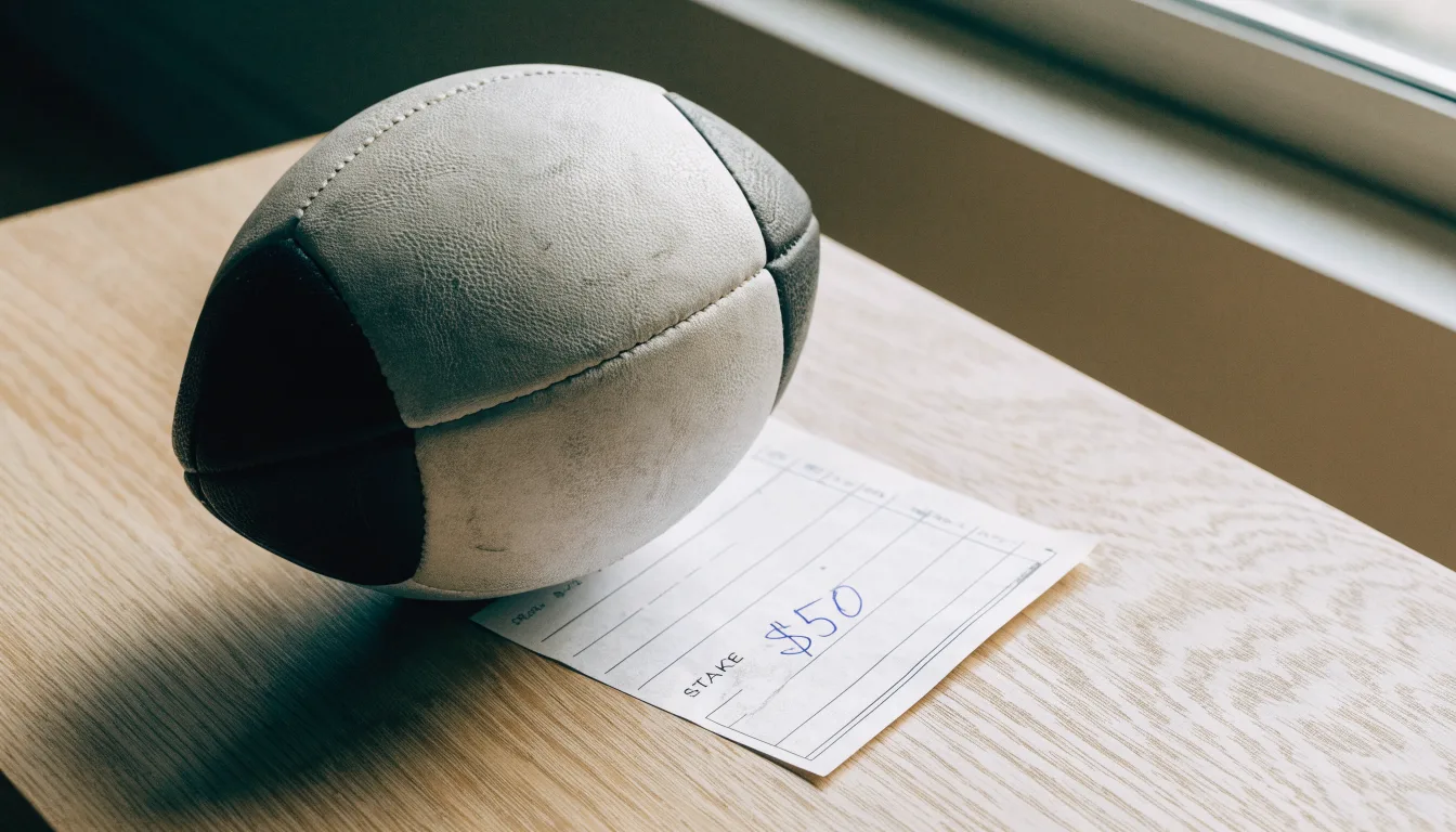 Uma bola de futebol pousada sobre um talão de apostas em branco numa mesa de madeira, à luz do dia