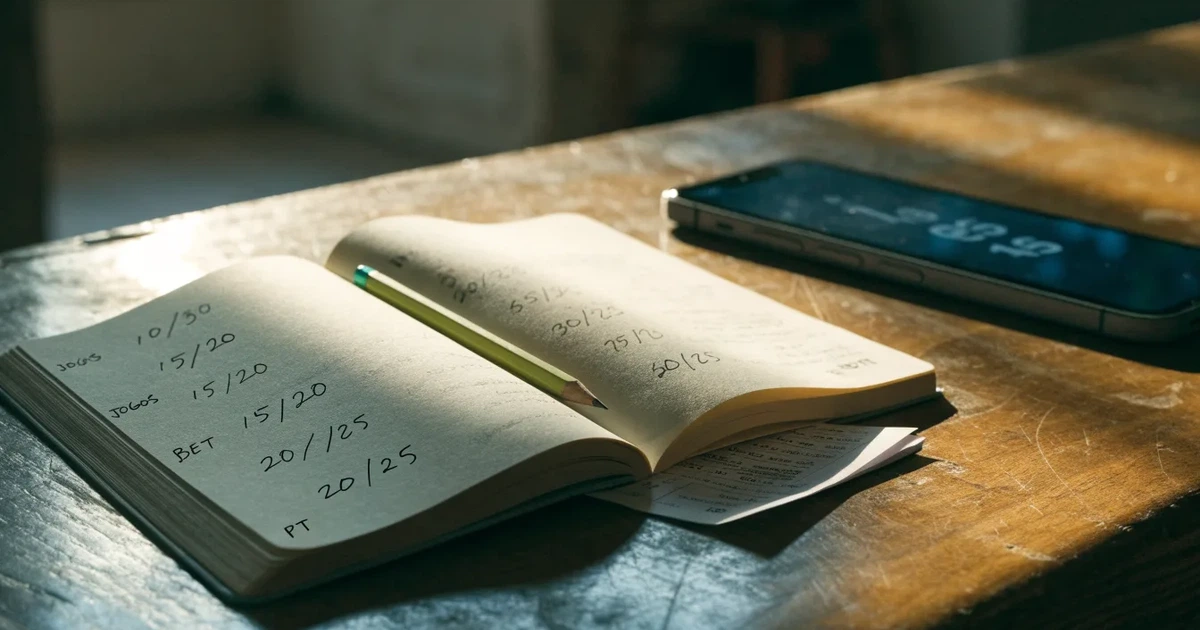 Um caderno aberto com cotas escritas à mão, uma calculadora e um lápis sobre uma mesa de madeira