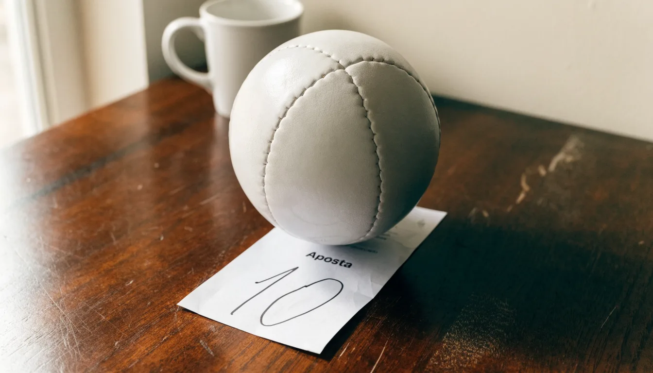 Uma bola de futebol pousada sobre um talão de apostas em branco numa mesa de madeira, à luz do dia