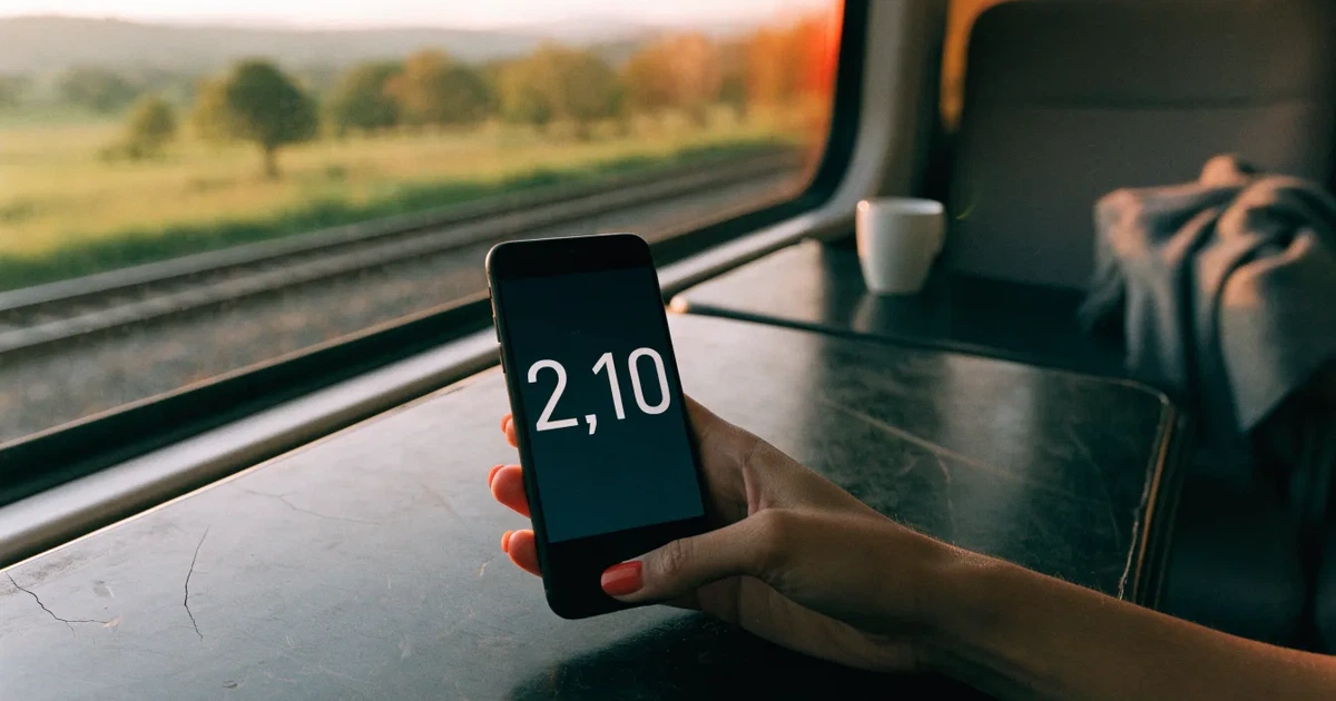 Uma mão a segurar um telemóvel com uma aposta no ecrã, num comboio ao fim da tarde