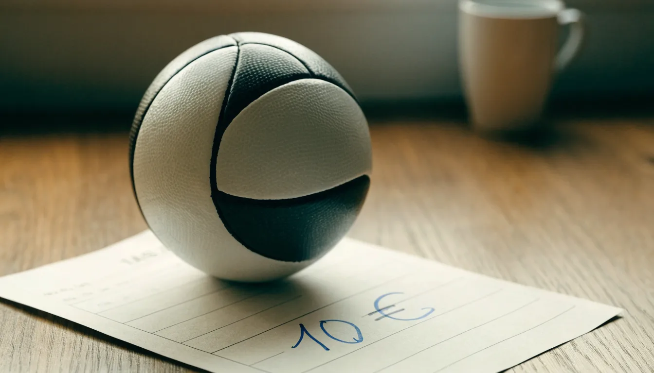 Uma bola de futebol pousada sobre um talão de apostas em branco numa mesa de madeira, à luz do dia