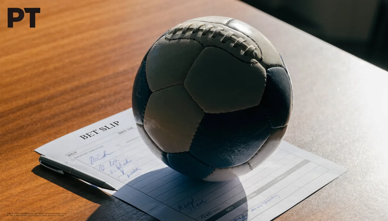 Uma bola de futebol pousada sobre um talão de apostas em branco numa mesa de madeira, à luz do dia