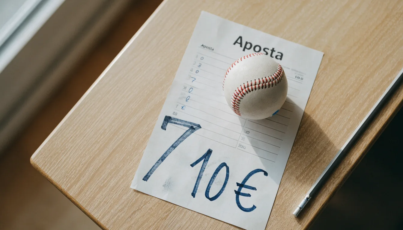 Uma bola de futebol pousada sobre um talão de apostas em branco numa mesa de madeira, à luz do dia