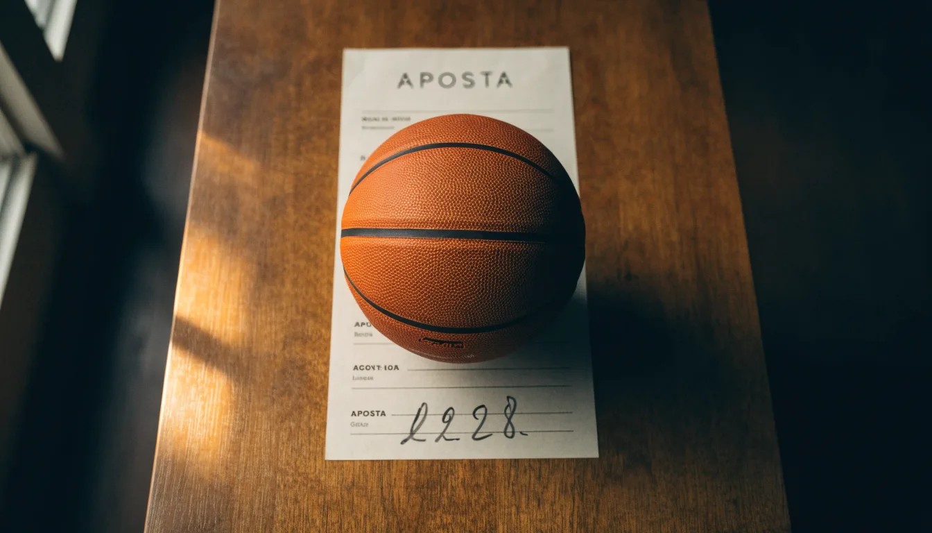 Uma bola de futebol pousada sobre um talão de apostas em branco numa mesa de madeira, à luz do dia