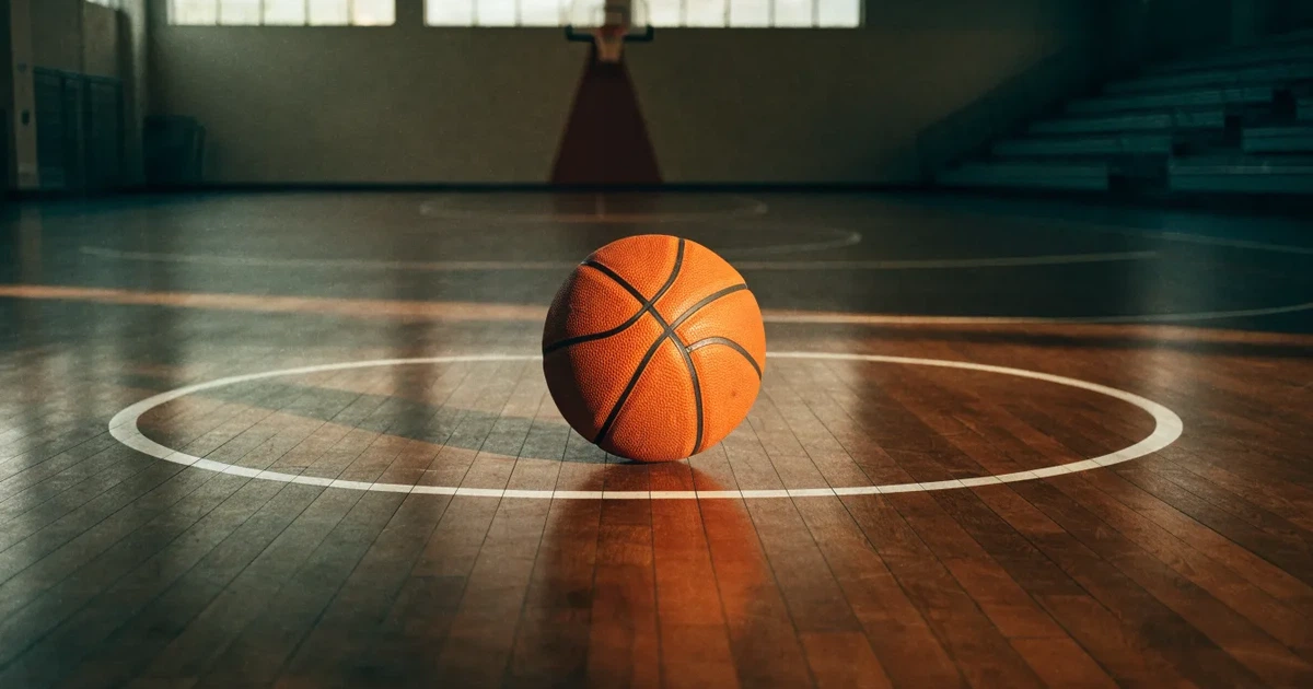Uma bola de futebol no ponto central de um relvado, à luz da manhã