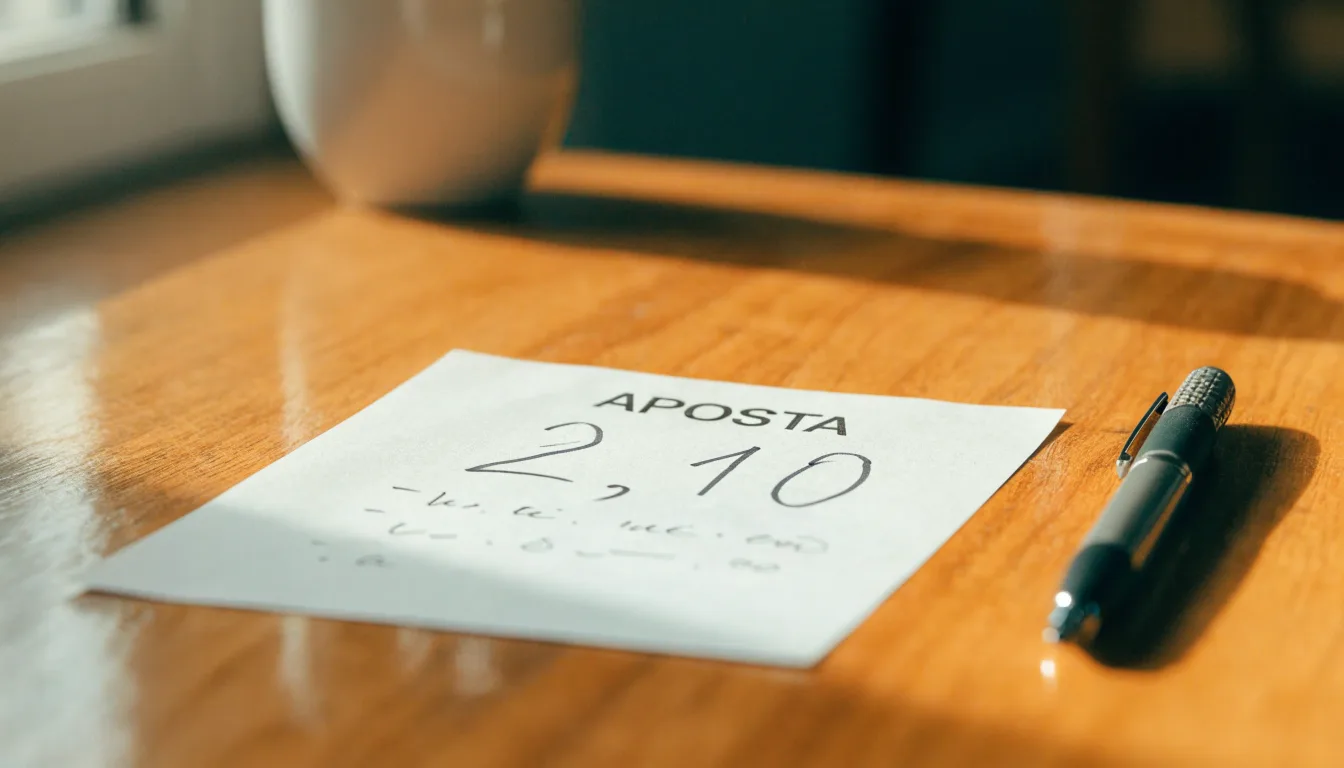 Uma bola de futebol pousada sobre um talão de apostas em branco numa mesa de madeira, à luz do dia