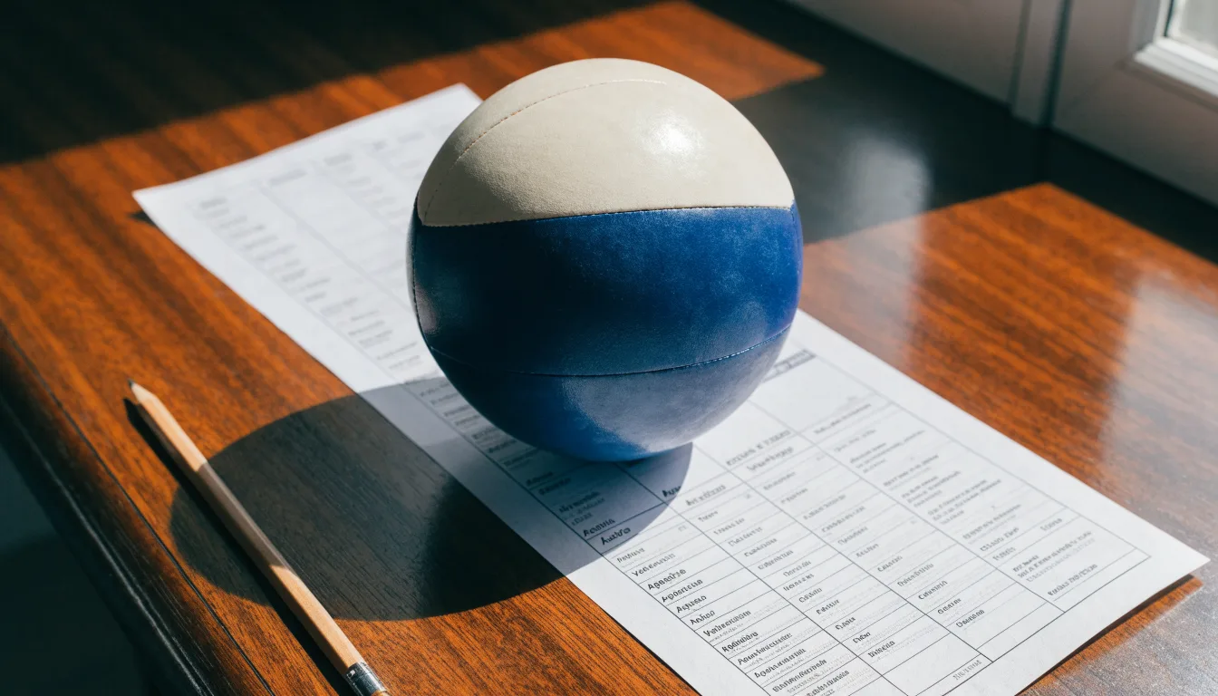 Uma bola de futebol pousada sobre um talão de apostas em branco numa mesa de madeira, à luz do dia