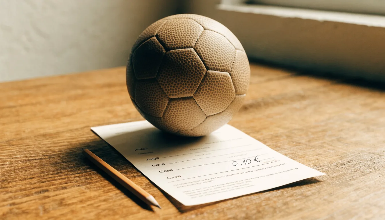 Uma bola de futebol pousada sobre um talão de apostas em branco numa mesa de madeira, à luz do dia