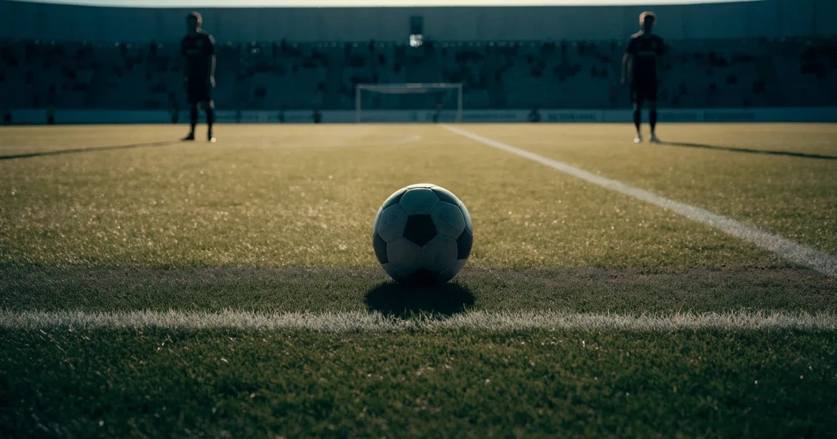 Uma bola de futebol no ponto central de um relvado, à luz da manhã
