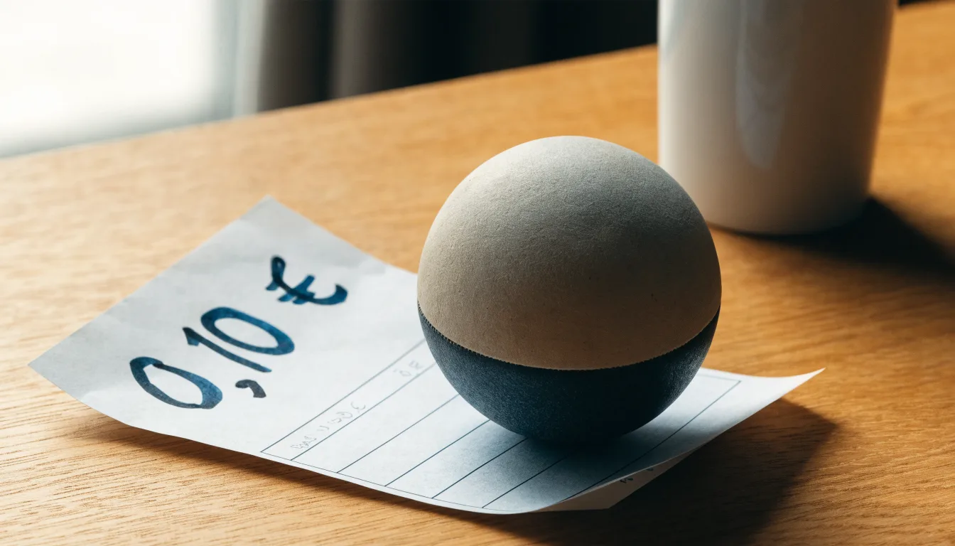 Uma bola de futebol pousada sobre um talão de apostas em branco numa mesa de madeira, à luz do dia