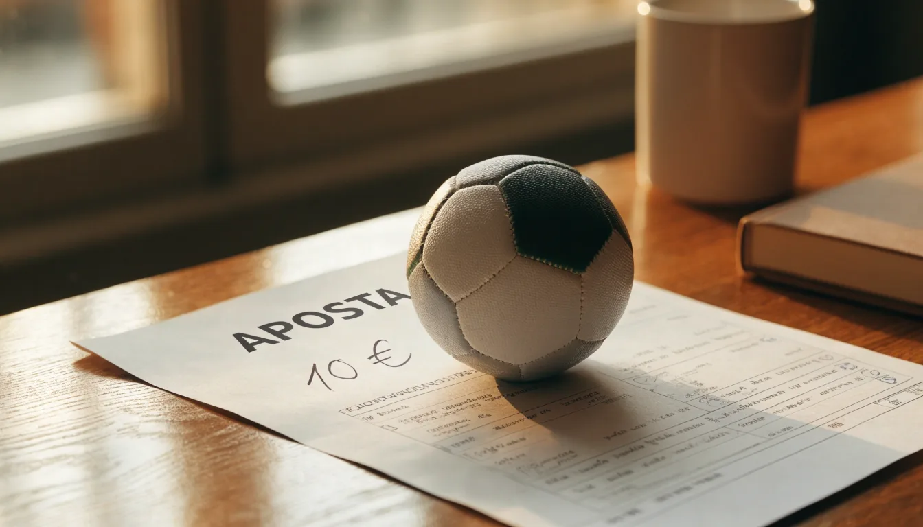 Uma bola de futebol pousada sobre um talão de apostas em branco numa mesa de madeira, à luz do dia