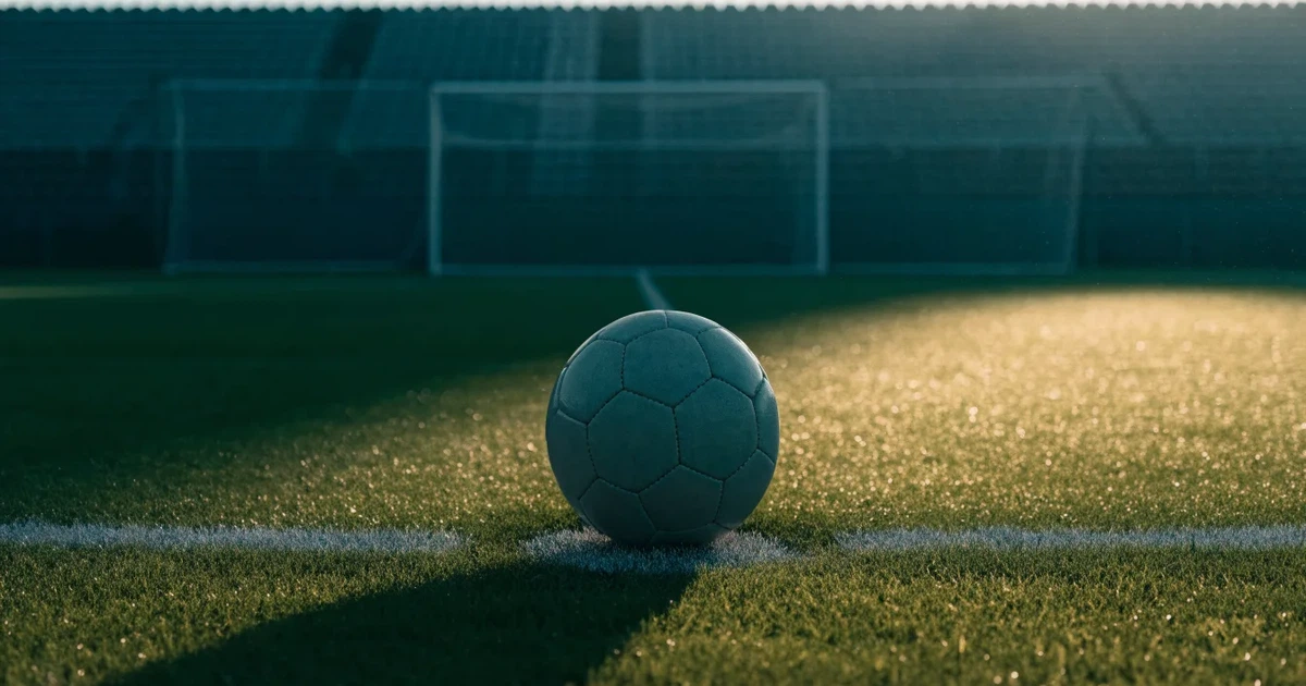Uma bola de futebol no ponto central de um relvado, à luz da manhã