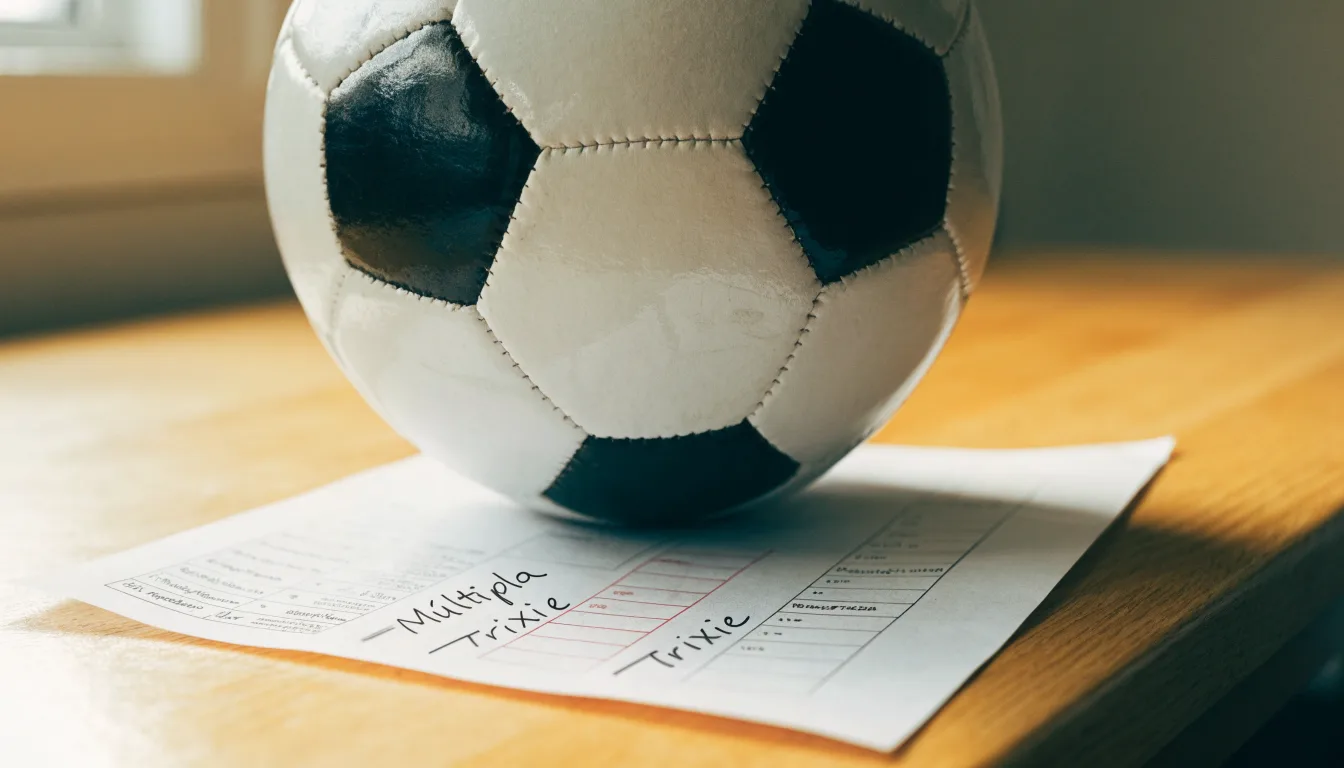 Uma bola de futebol pousada sobre um talão de apostas em branco numa mesa de madeira, à luz do dia