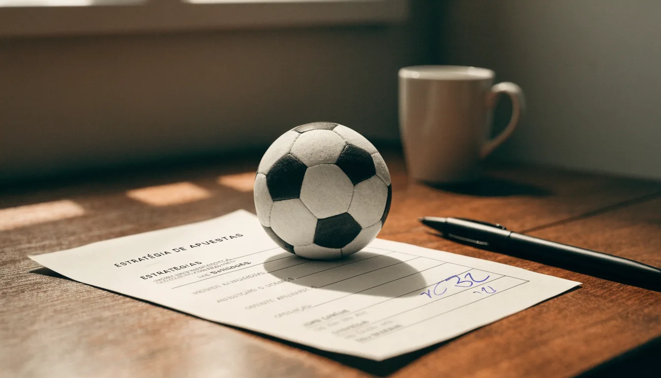 Uma bola de futebol pousada sobre um talão de apostas em branco numa mesa de madeira, à luz do dia