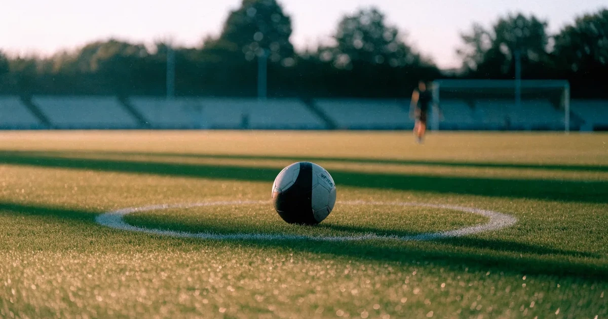 Uma bola de futebol no ponto central de um relvado, à luz da manhã