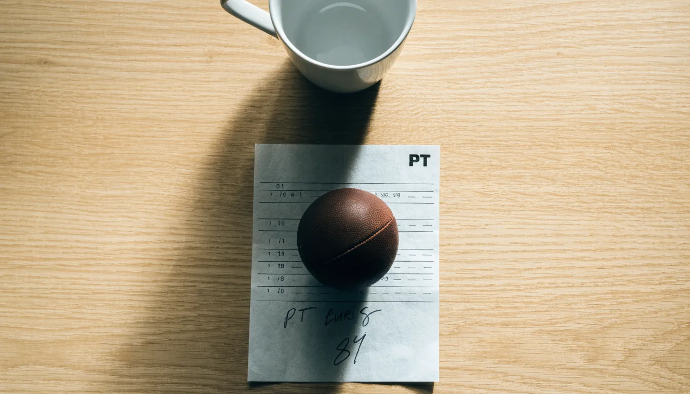 Uma bola de futebol pousada sobre um talão de apostas em branco numa mesa de madeira, à luz do dia