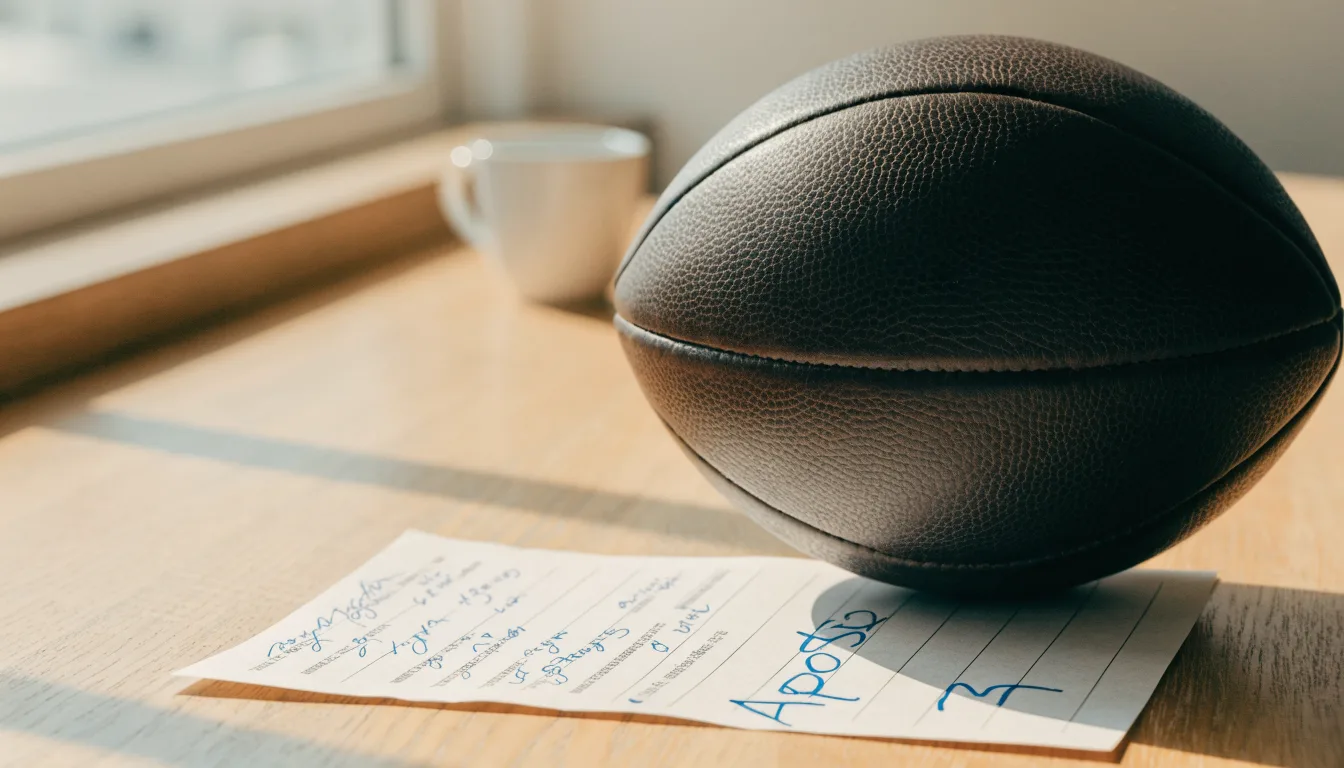 Uma bola de futebol pousada sobre um talão de apostas em branco numa mesa de madeira, à luz do dia