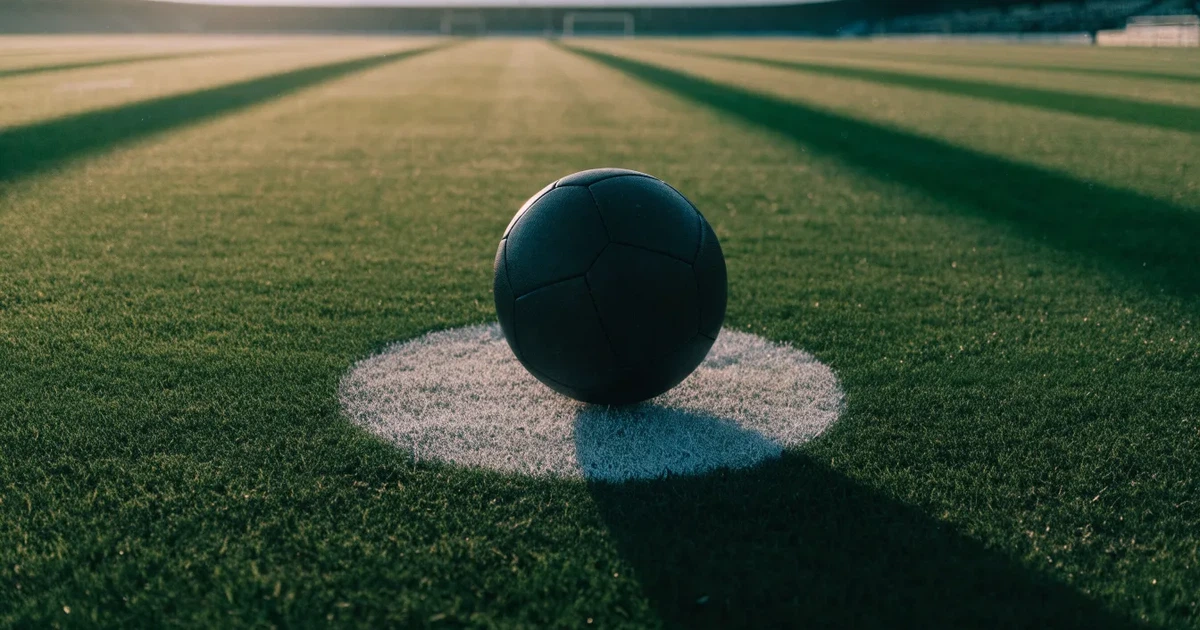 Uma bola de futebol no ponto central de um relvado, à luz da manhã