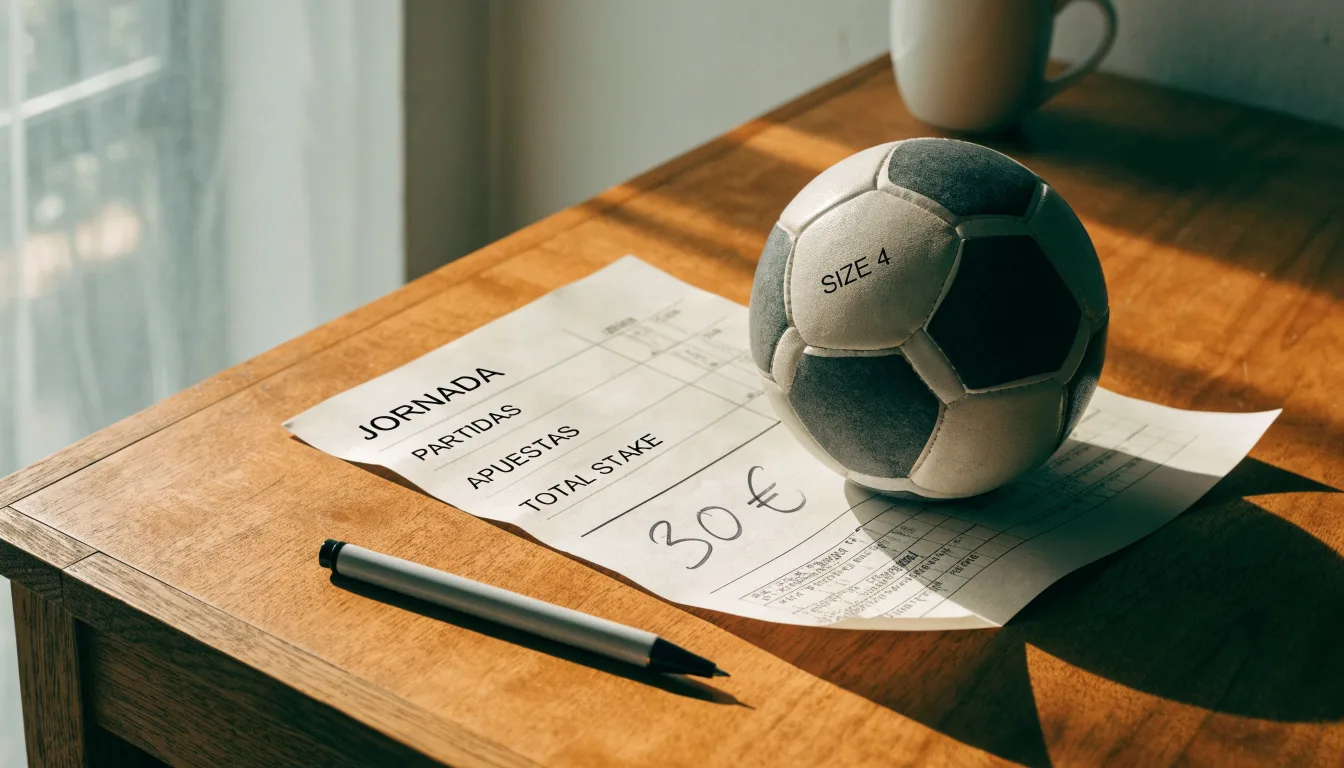 Uma bola de futebol pousada sobre um talão de apostas em branco numa mesa de madeira, à luz do dia