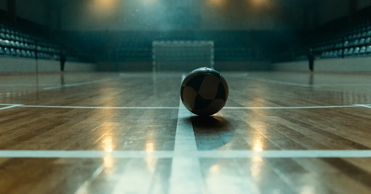 Uma bola de futebol no ponto central de um relvado, à luz da manhã