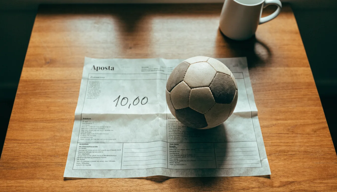 Uma bola de futebol pousada sobre um talão de apostas em branco numa mesa de madeira, à luz do dia