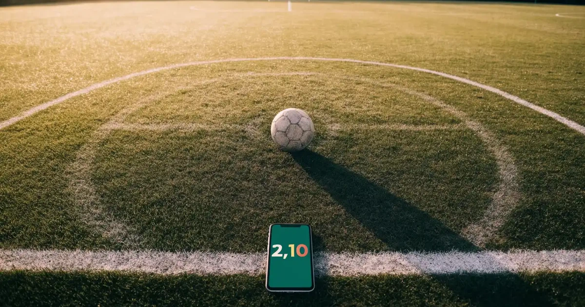 Uma bola de futebol no ponto central de um relvado, à luz da manhã