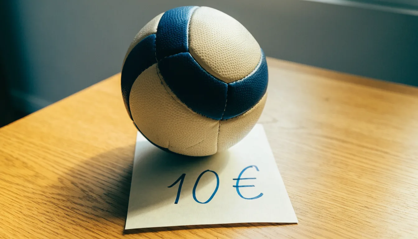 Uma bola de futebol pousada sobre um talão de apostas em branco numa mesa de madeira, à luz do dia