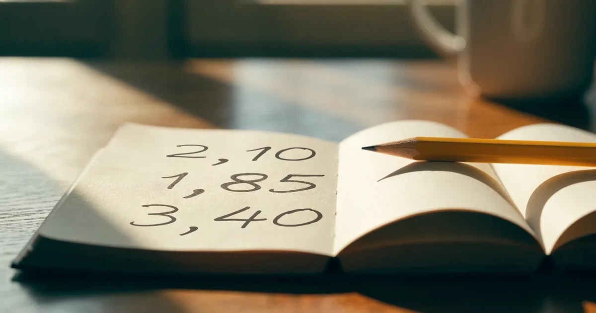 Um caderno aberto com cotas escritas à mão, uma calculadora e um lápis sobre uma mesa de madeira