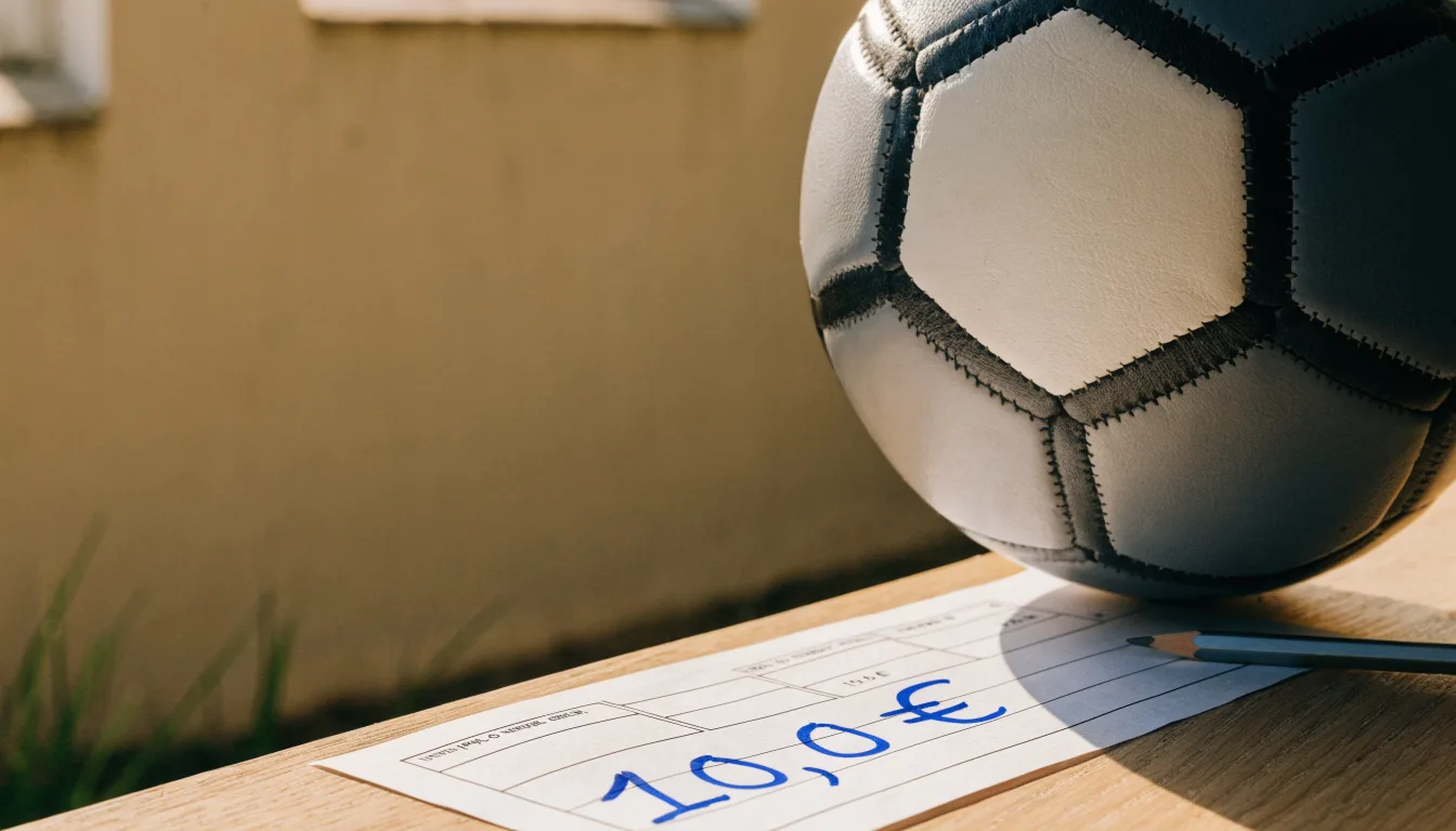 Uma bola de futebol pousada sobre um talão de apostas em branco numa mesa de madeira, à luz do dia
