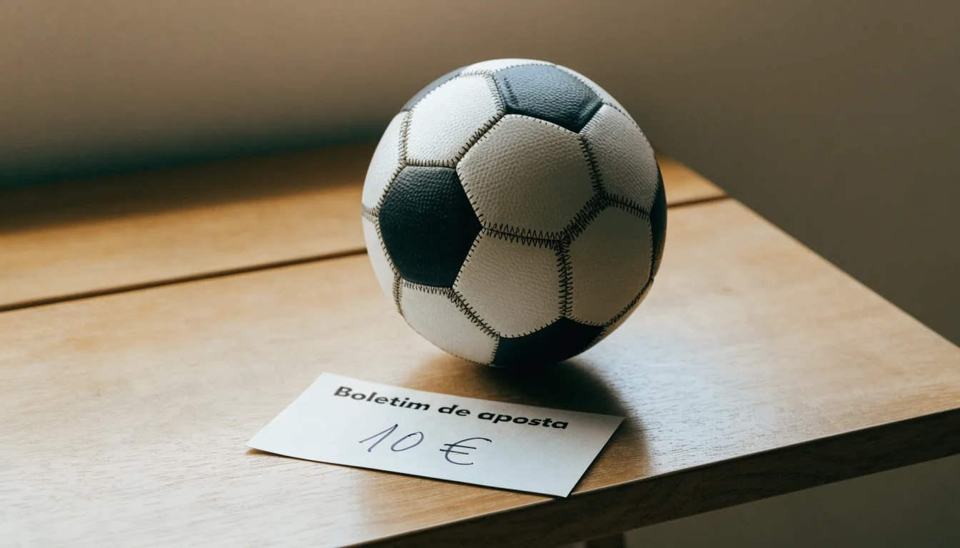 Uma bola de futebol pousada sobre um talão de apostas em branco numa mesa de madeira, à luz do dia