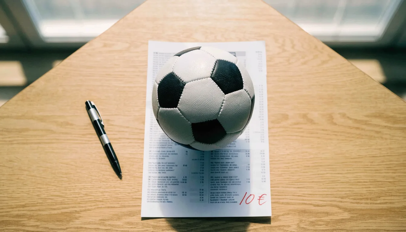 Uma bola de futebol pousada sobre um talão de apostas em branco numa mesa de madeira, à luz do dia