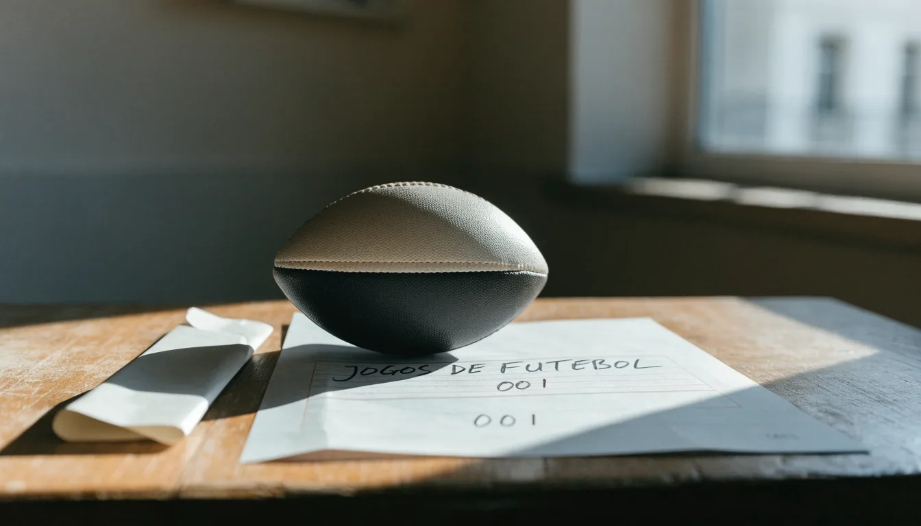 Uma bola de futebol pousada sobre um talão de apostas em branco numa mesa de madeira, à luz do dia