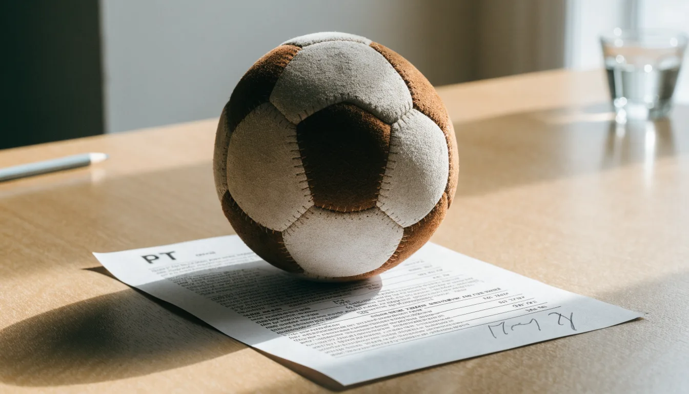 Uma bola de futebol pousada sobre um talão de apostas em branco numa mesa de madeira, à luz do dia