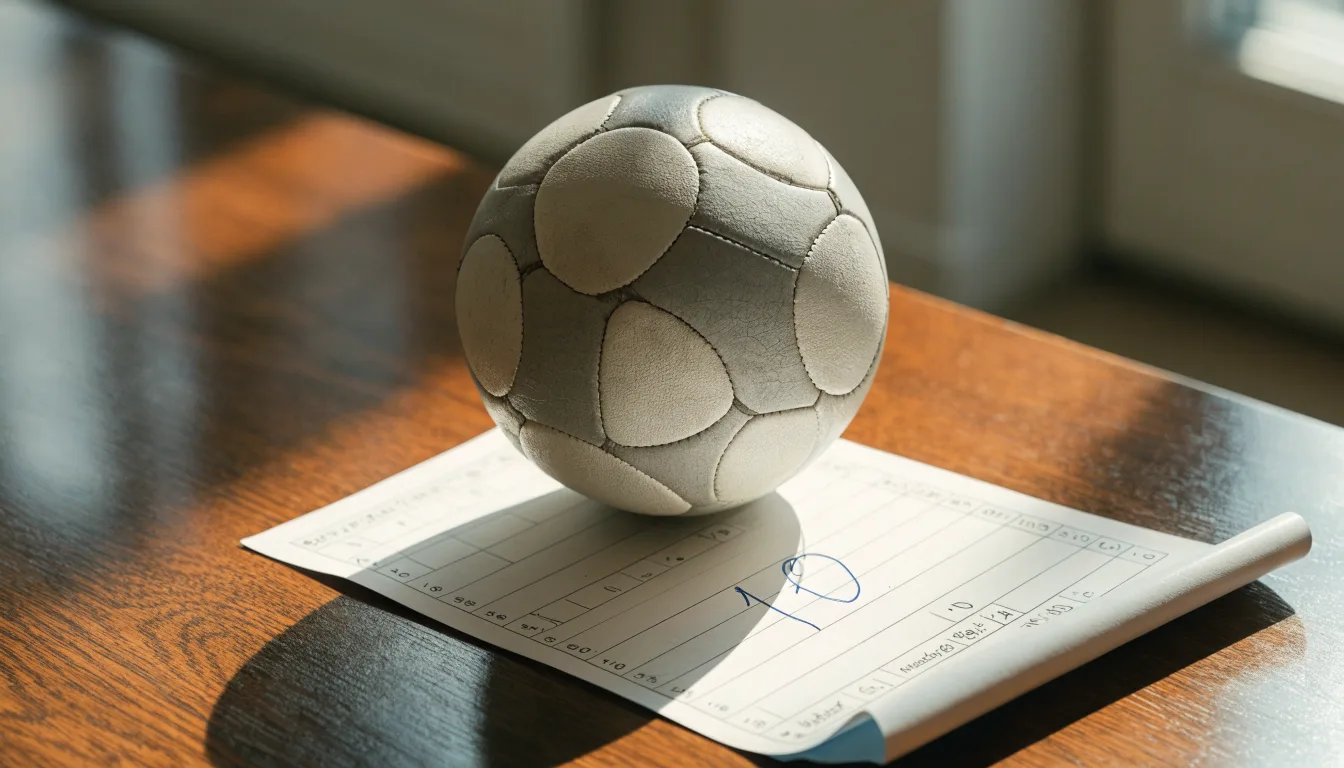 Uma bola de futebol pousada sobre um talão de apostas em branco numa mesa de madeira, à luz do dia