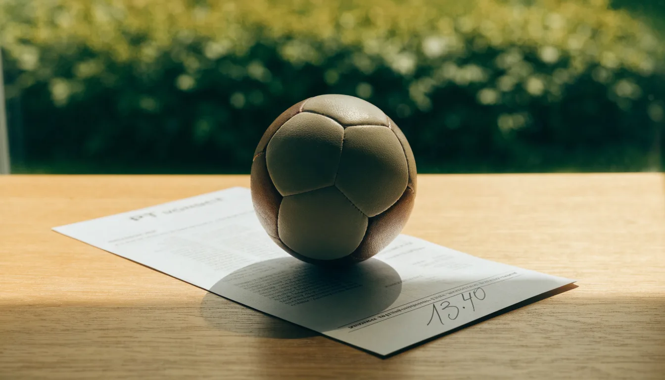 Uma bola de futebol pousada sobre um talão de apostas em branco numa mesa de madeira, à luz do dia