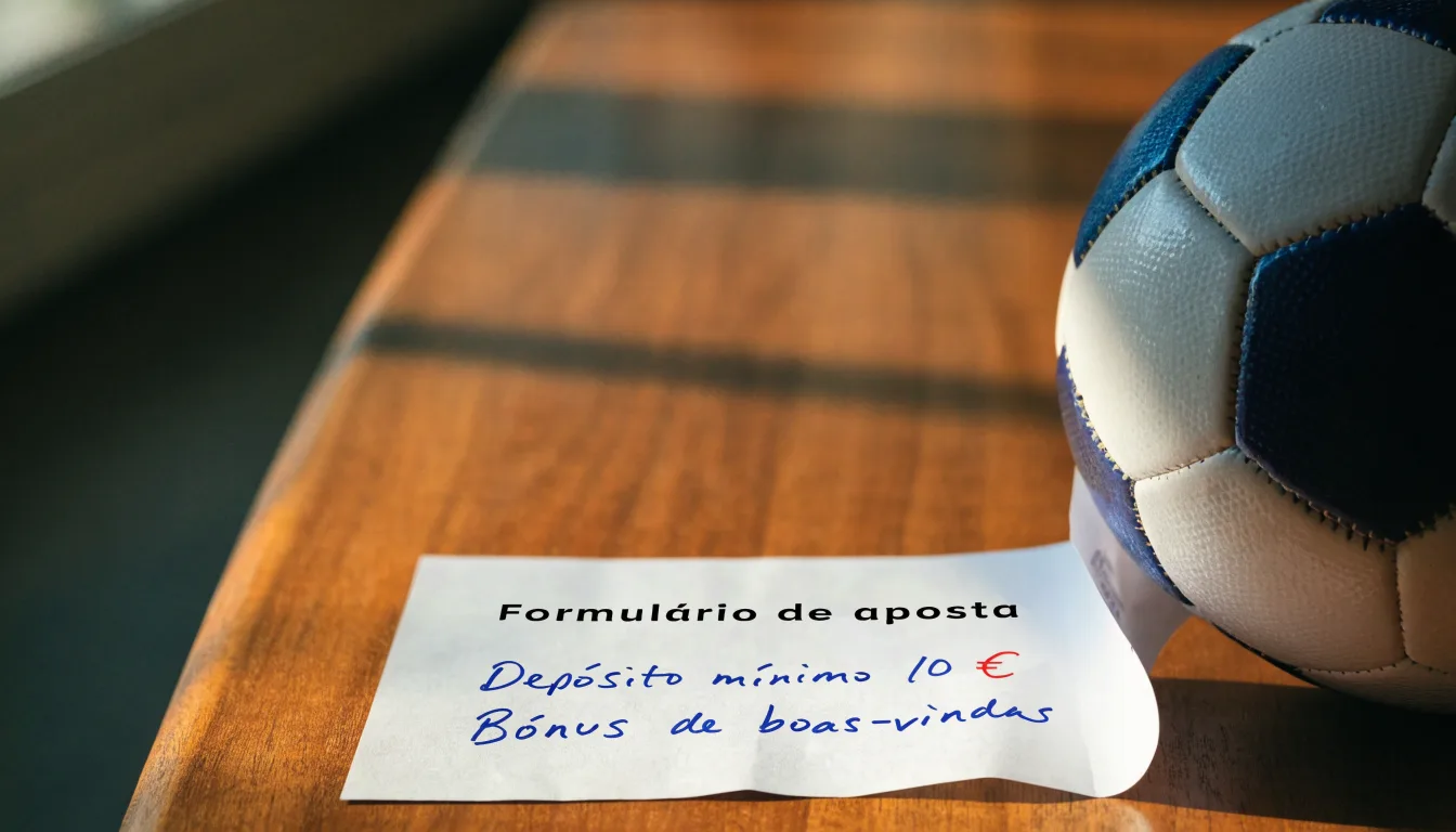 Uma bola de futebol pousada sobre um talão de apostas em branco numa mesa de madeira, à luz do dia