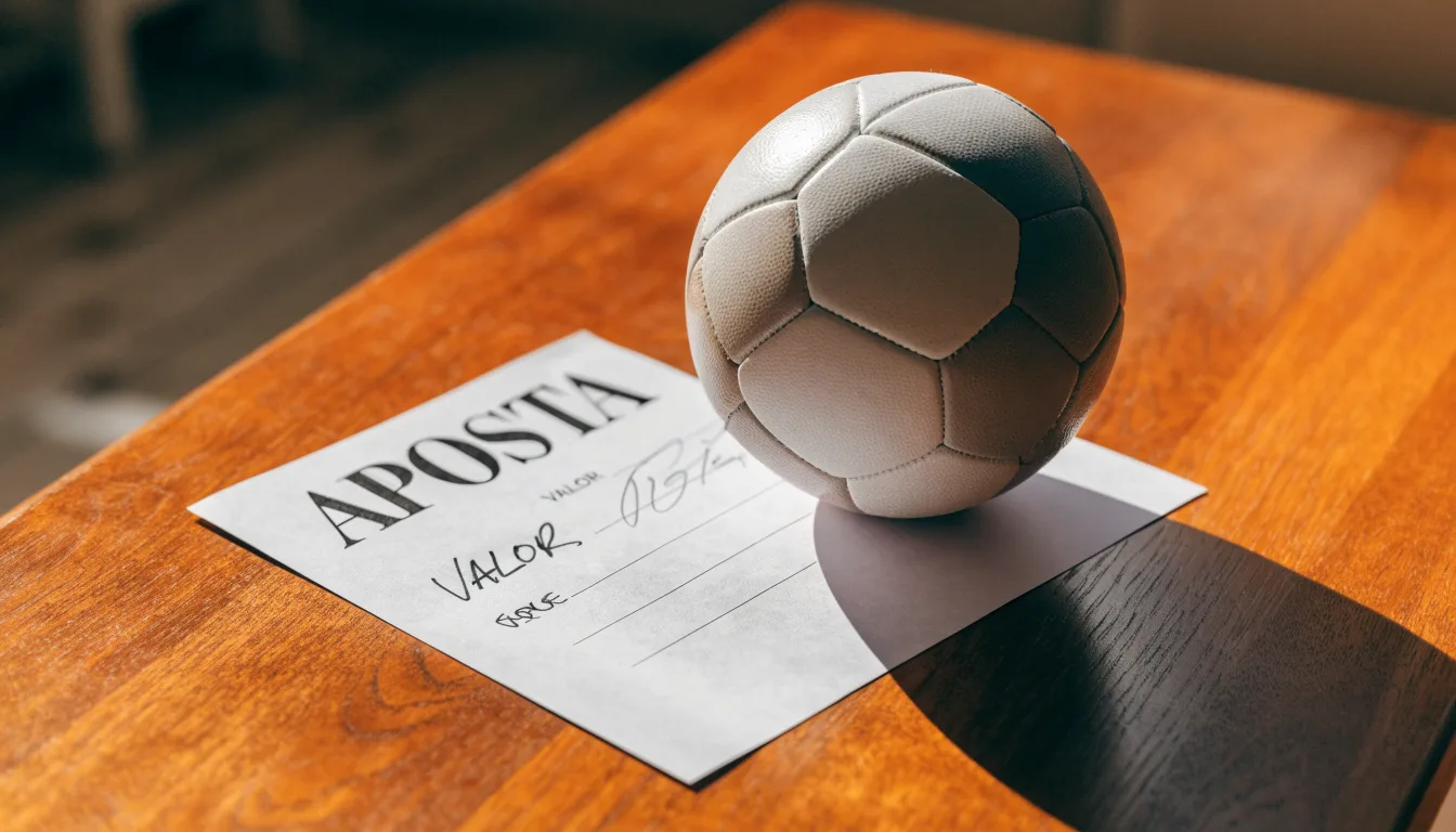 Uma bola de futebol pousada sobre um talão de apostas em branco numa mesa de madeira, à luz do dia