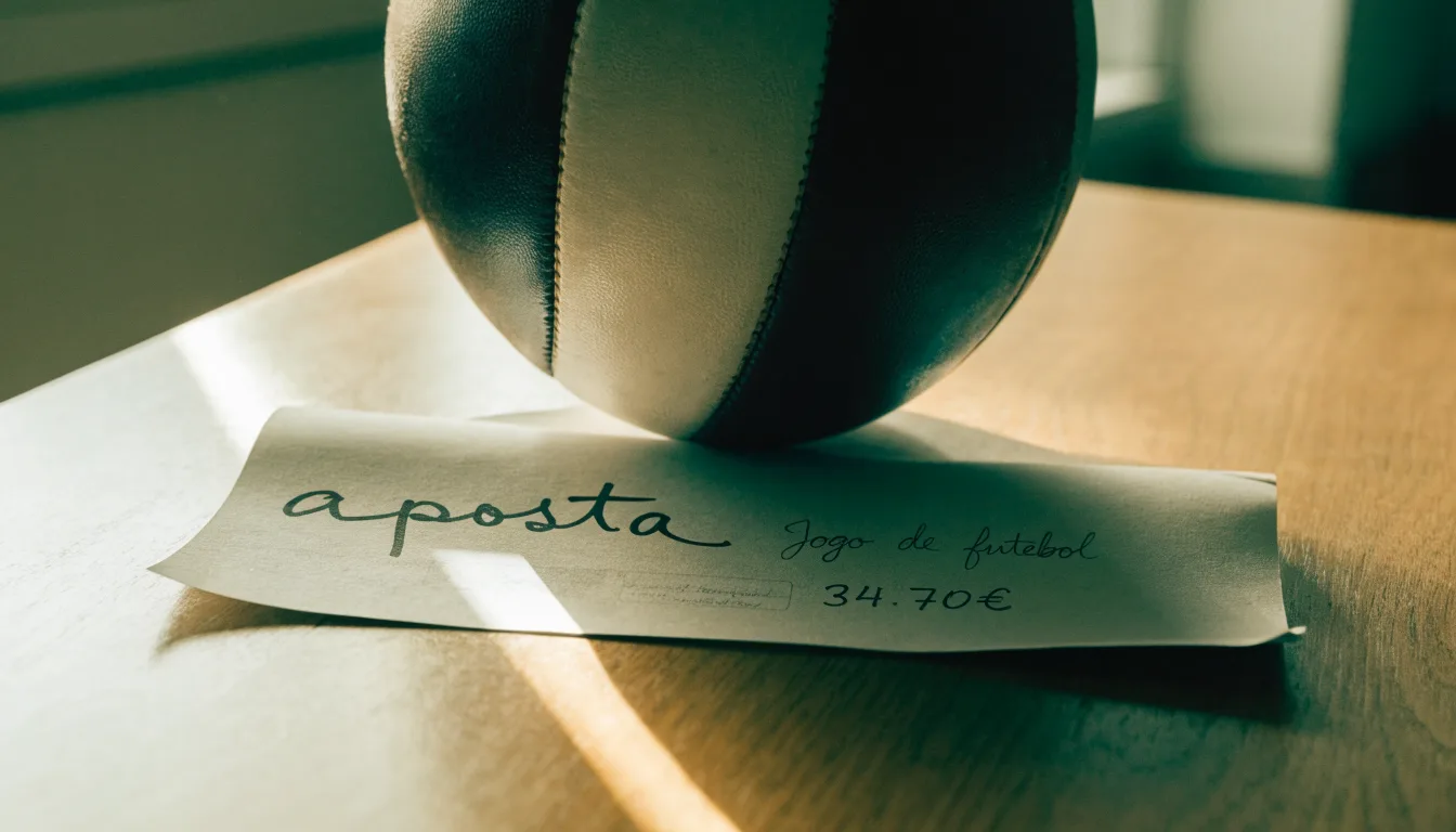 Uma bola de futebol pousada sobre um talão de apostas em branco numa mesa de madeira, à luz do dia