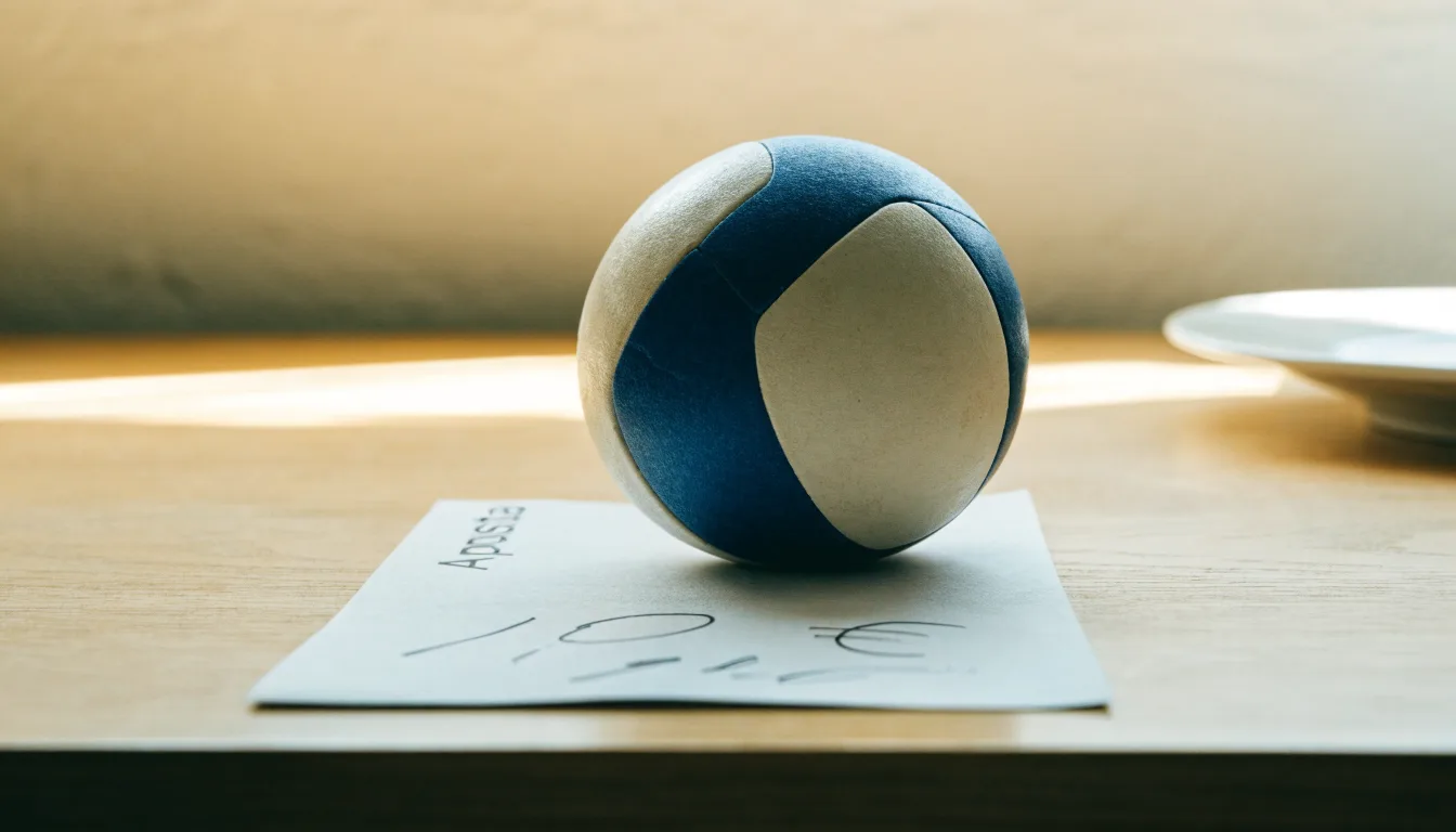 Uma bola de futebol pousada sobre um talão de apostas em branco numa mesa de madeira, à luz do dia