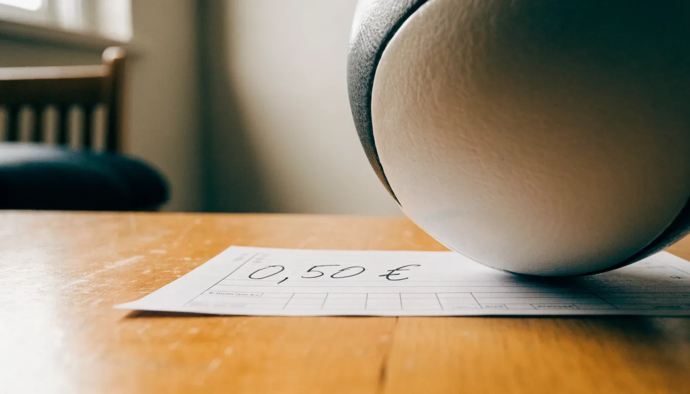 Uma bola de futebol pousada sobre um talão de apostas em branco numa mesa de madeira, à luz do dia