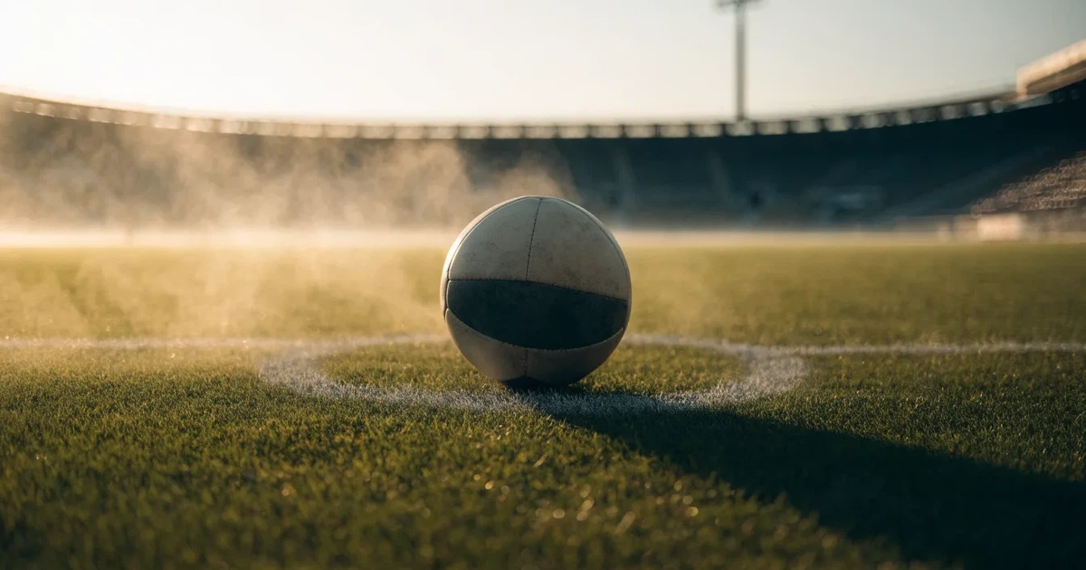 Uma bola de futebol no ponto central de um relvado, à luz da manhã