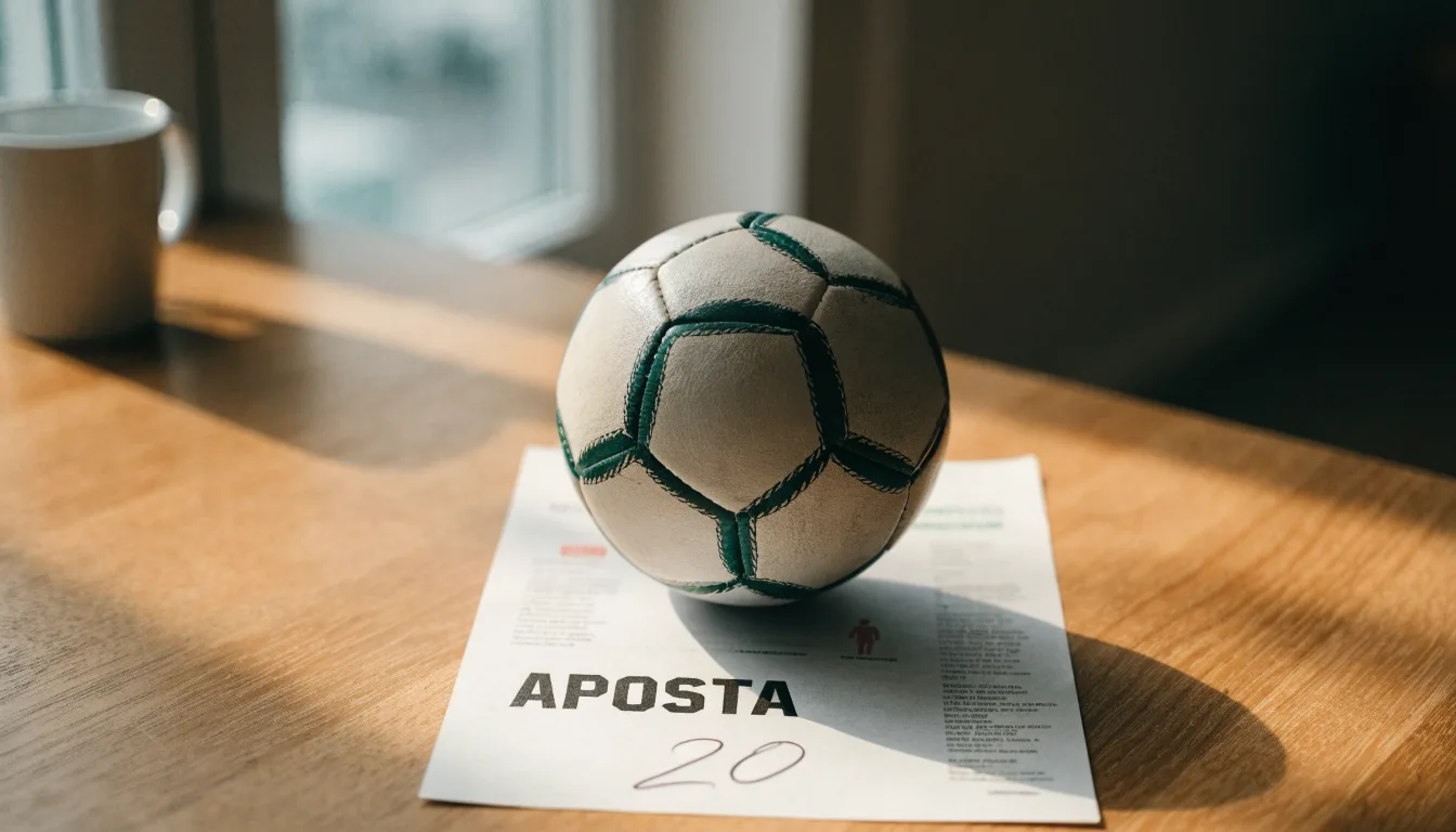 Uma bola de futebol pousada sobre um talão de apostas em branco numa mesa de madeira, à luz do dia