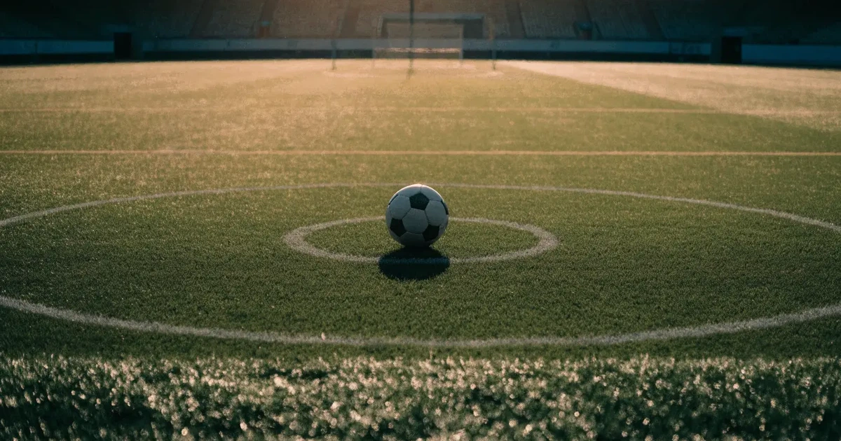 Uma bola de futebol no ponto central de um relvado, à luz da manhã